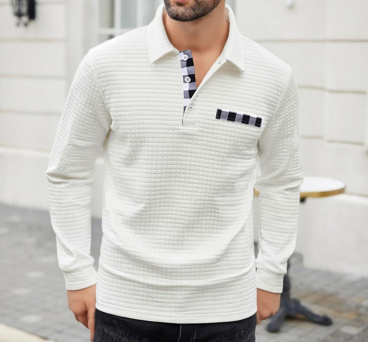 Men's Polo Long-sleeved Button-down T-shirt White 3XL