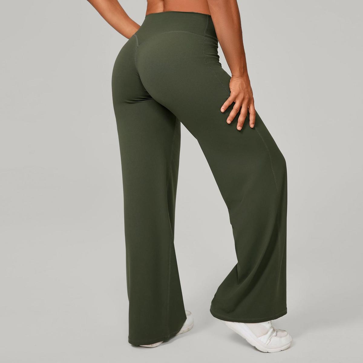 Pilates Straight Yoga Pants Versatile Loose Wide Leg Pants Running Sports Fitness Hip Show Pants Olive Green L
