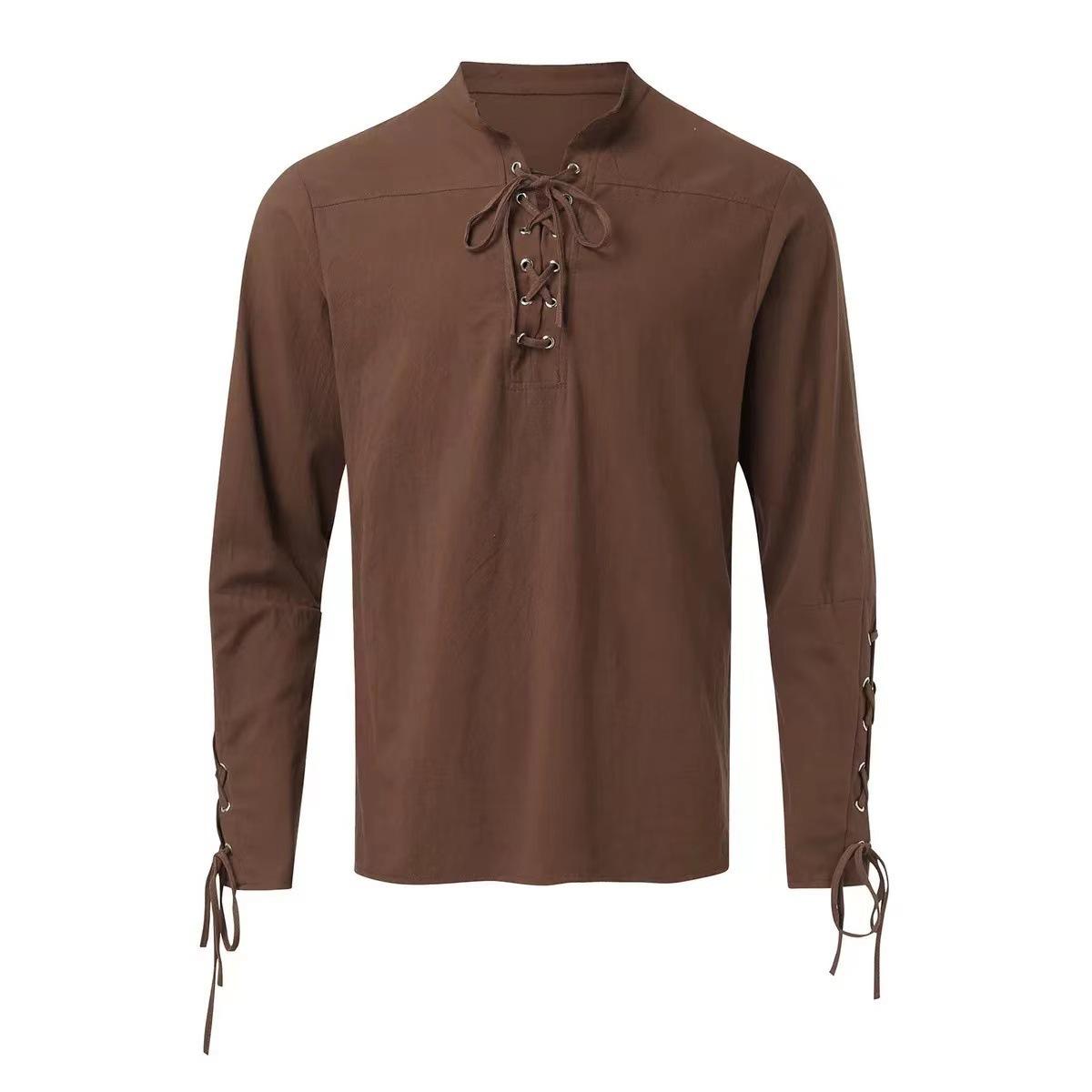 Mens Plus-Size Casual Cotton-Linen V-Neck T-Shirt Dark Brown 2XL