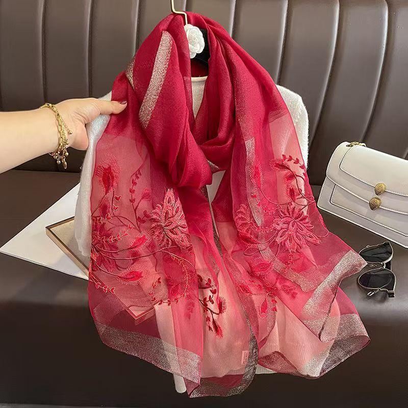 Versatile Embroidered Silk-Feel Thermal Scarf Wine Red 175cm