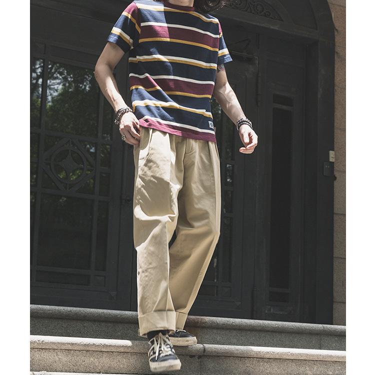 Retro Men's Casual Trousers Two Pleats Loose Cargo Khaki L