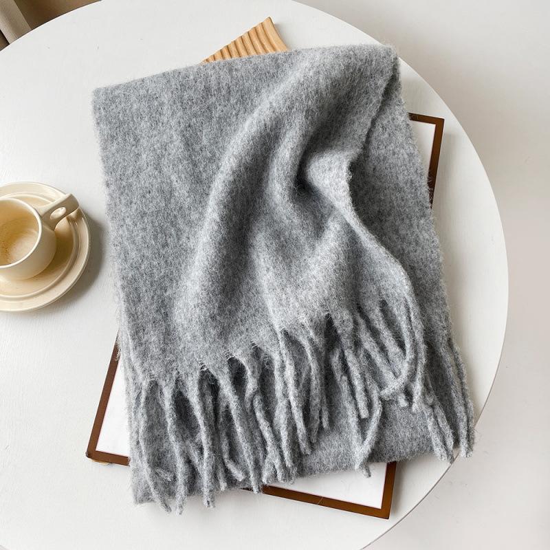 Mellard Merino Wool Korean-Style Relaxed-Feel Solid-Color Brushed Warm Scarf For Women light gray 40X210cm
