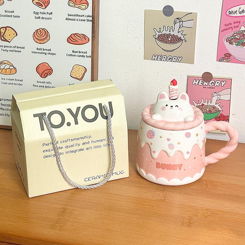 Ceramic Mug With Lid Cartoon Girl Gift Box Pink Rabbit 400ml