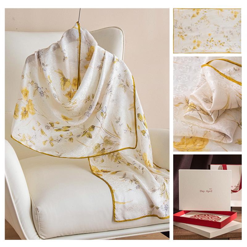 Women's Scarf Fashion Printing Long Wrap Light Yellow Small Branch Buds 55x170cm