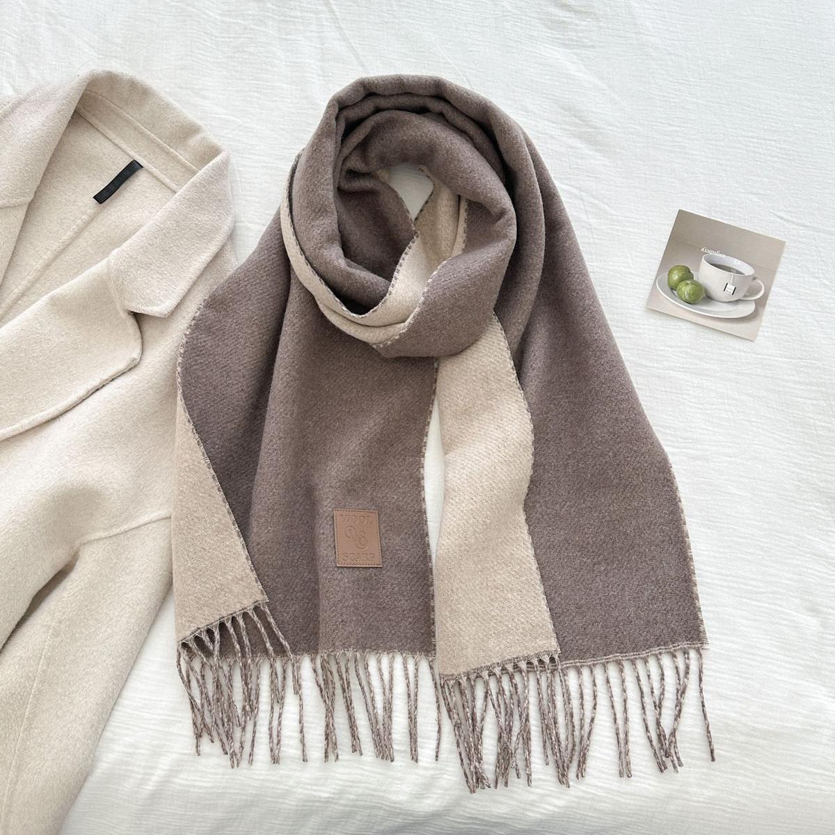Thickened Double-sided Two-tone Wool Scarf Versatile Solid-color Tassel Shawl For Warmth And Style Light Coffee 32x175CM