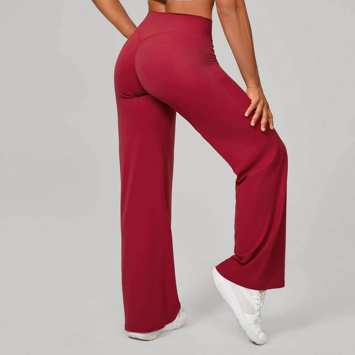 Pilates Straight Yoga Pants Versatile Loose Wide Leg Pants Running Sports Fitness Hip Show Pants Ruby Red L