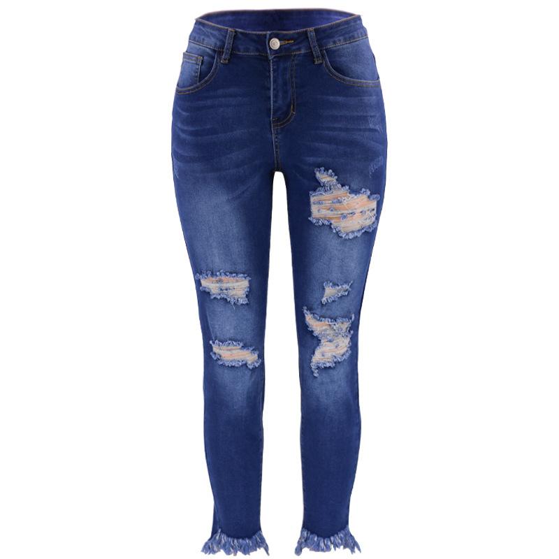 Summer Womens Ripped Skinny Denim Jeans Dark Blue 2XL