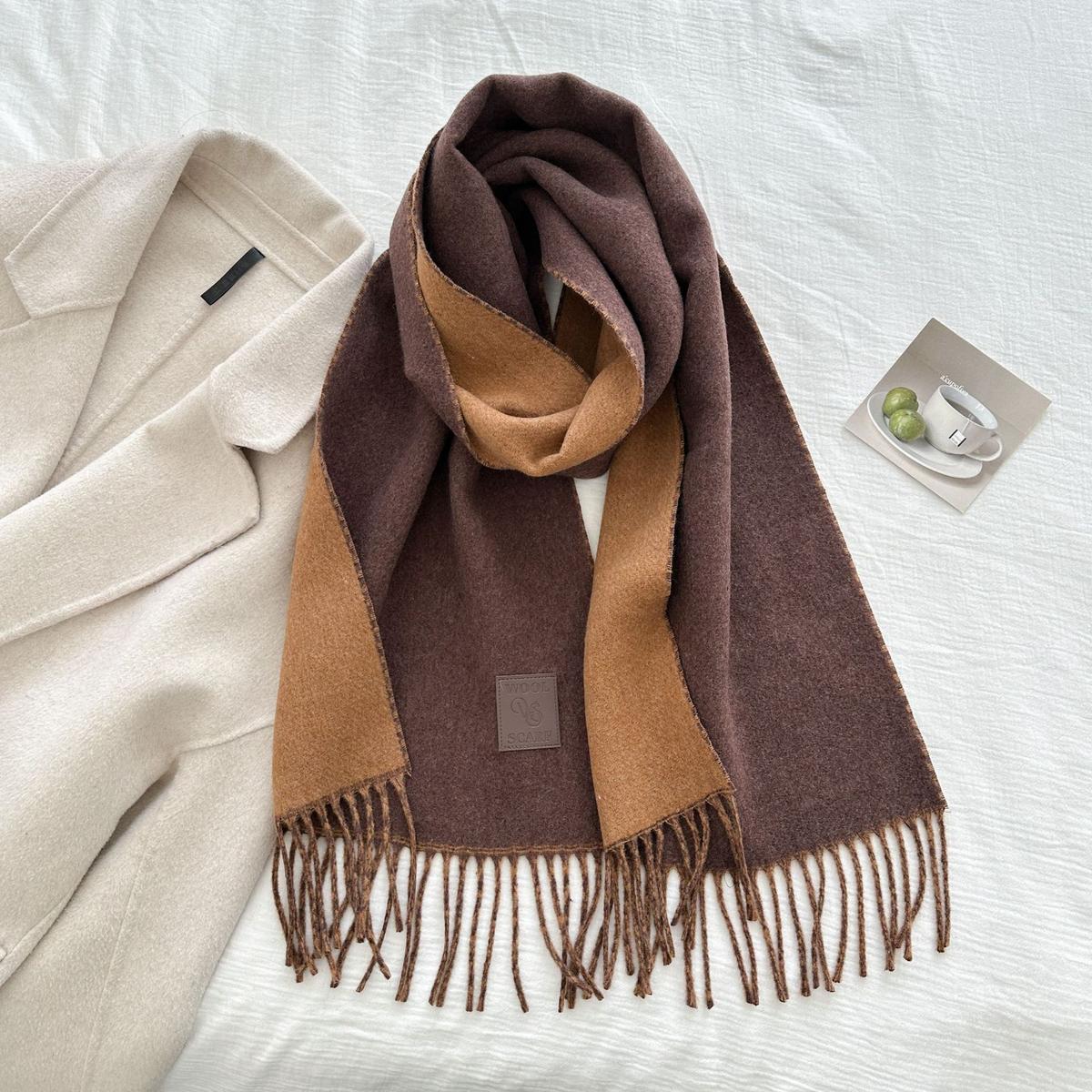 Thickened Double-sided Two-tone Wool Scarf Versatile Solid-color Tassel Shawl For Warmth And Style Reddish Brown 32x175CM
