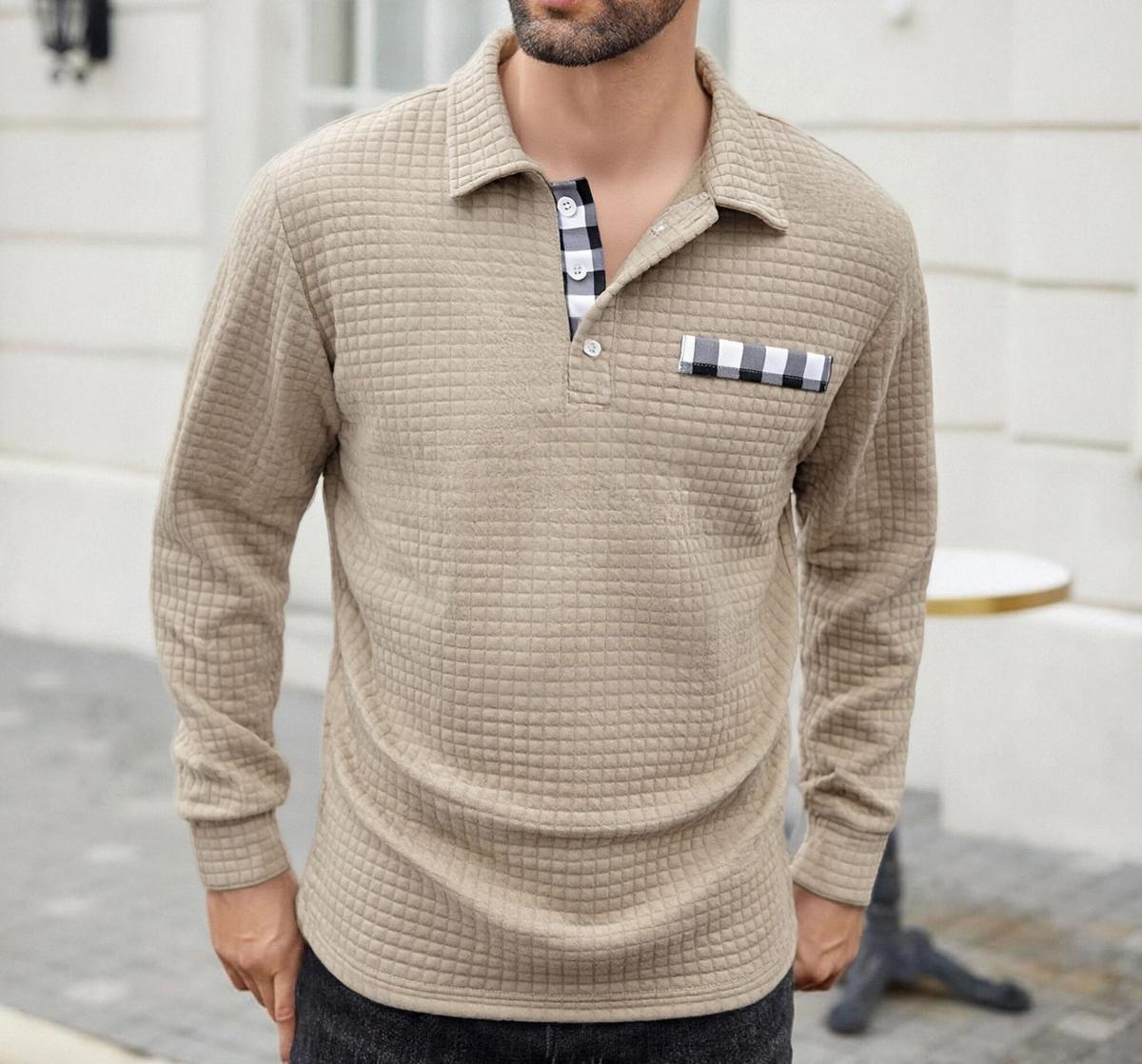 Men's Polo Long-sleeved Button-down T-shirt Khaki 3XL