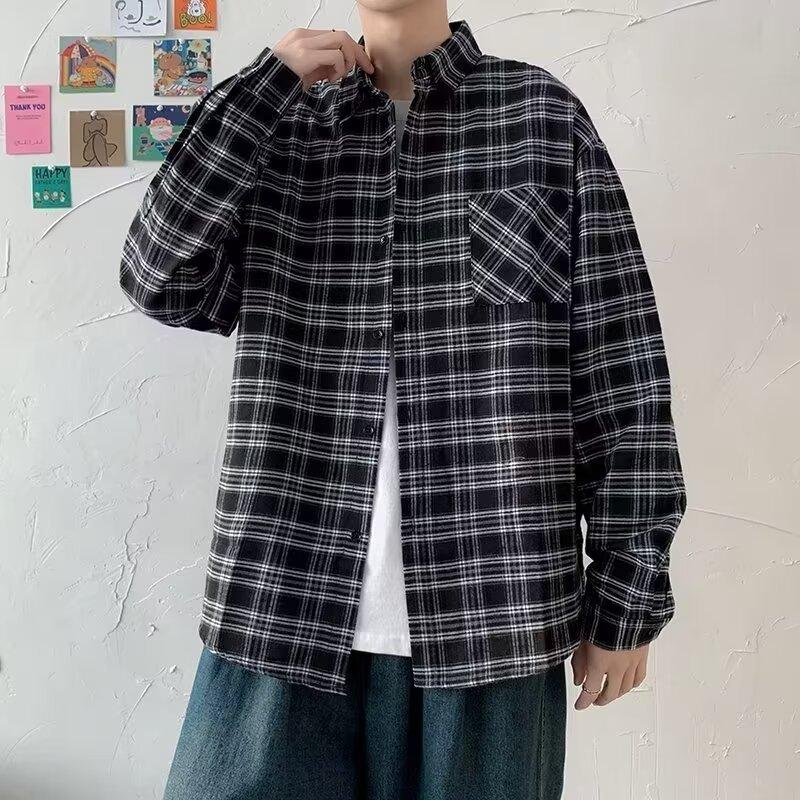 Men's Loose And Casual Black Plaid Long Sleeve Shirt Black 2XL