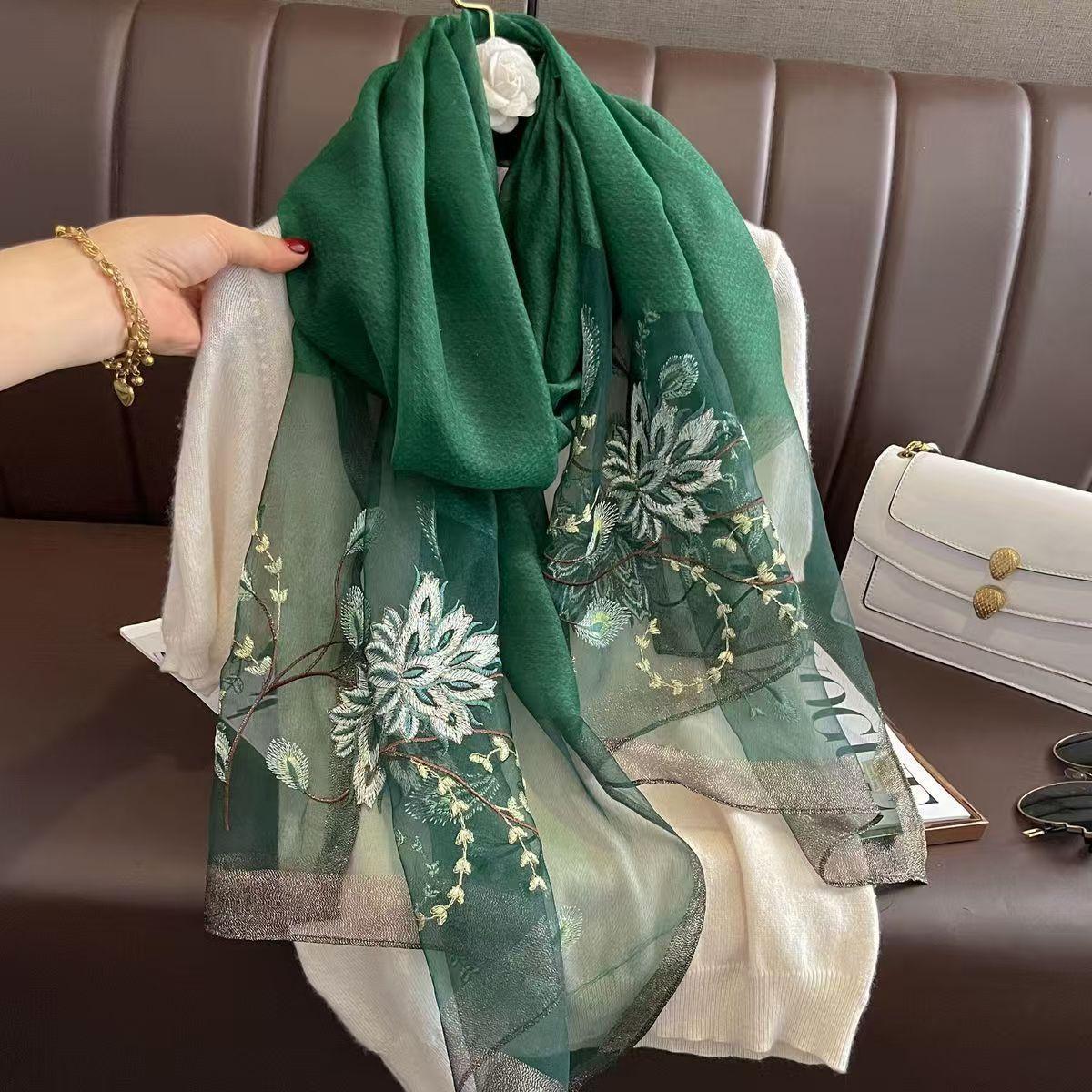 Versatile Embroidered Silk-Feel Thermal Scarf Green 175cm