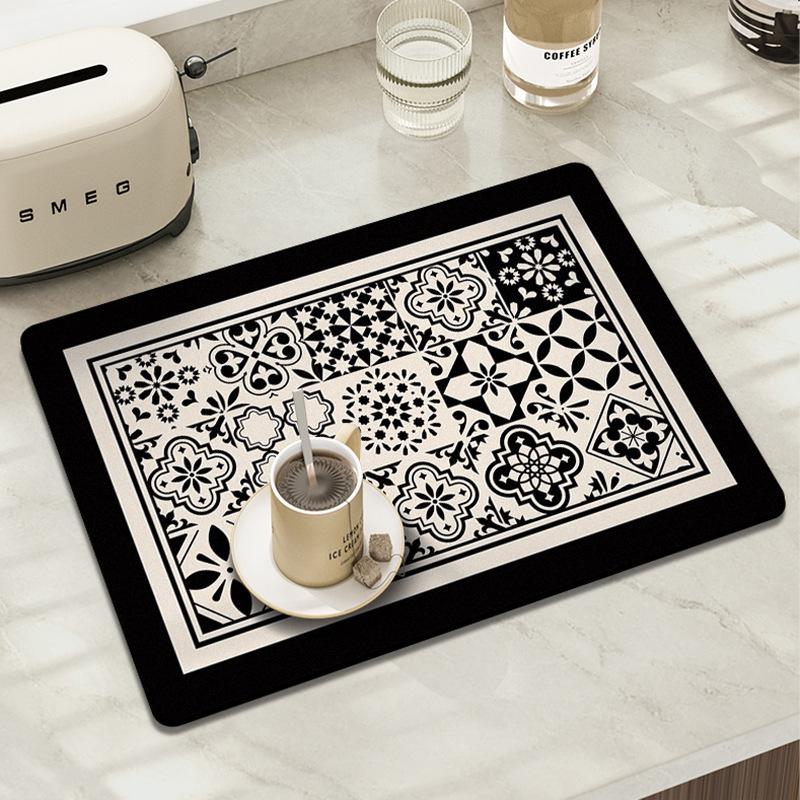 Hydrophilic Pad Bar Cup Water Draining Pad Dish Drying Mat Bar Coffee Machine Mat Retro Tile Black 30X40CM