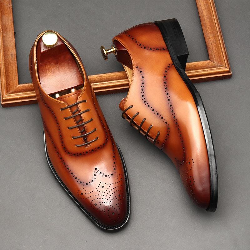 Leather Shoes Men's British Pointed Toe Business Formal Wear Lace-up Shoes Men Brown 36