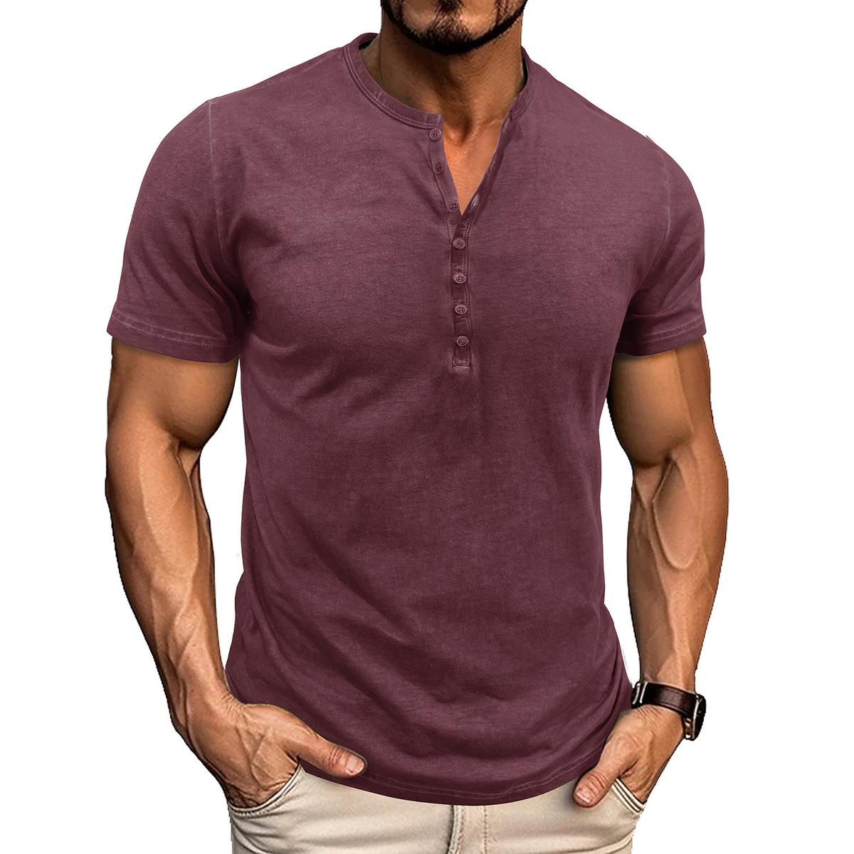 Mens Round-Neck Short-Sleeve Retro Henry T-Shirt Wine Red 2XL