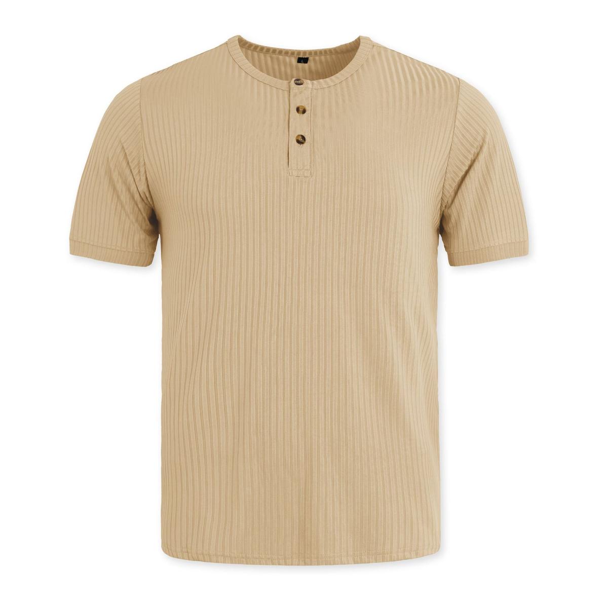 Herringbone Henry Shirt Short-sleeved Vertical-striped Button T-shirt Khaki L