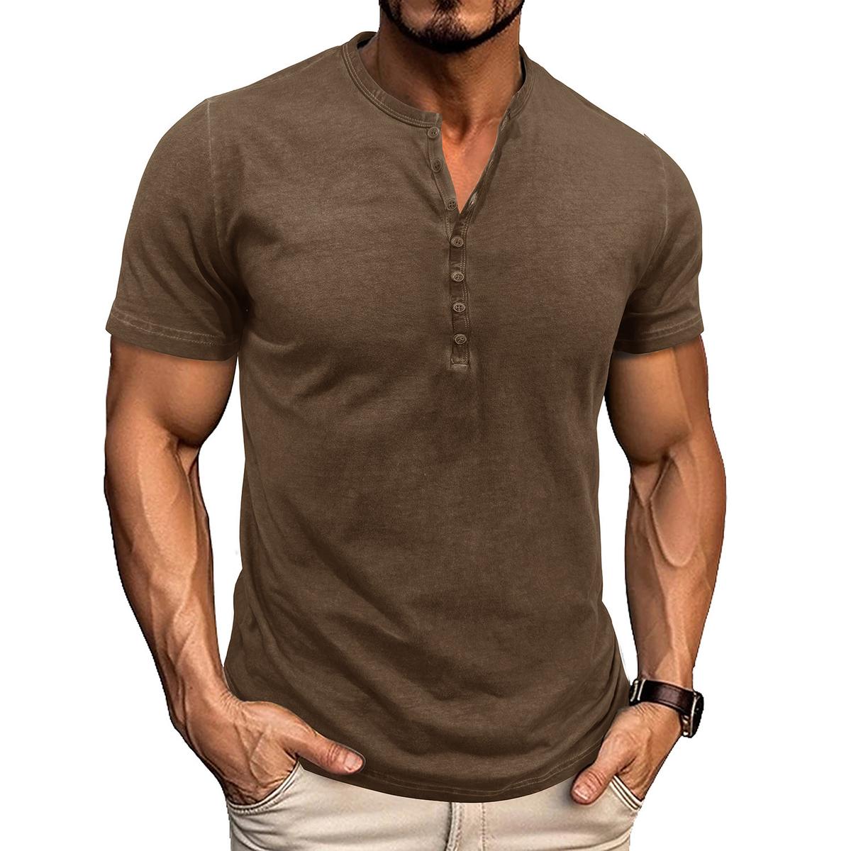 Mens Round-Neck Short-Sleeve Retro Henry T-Shirt Khaki 2XL