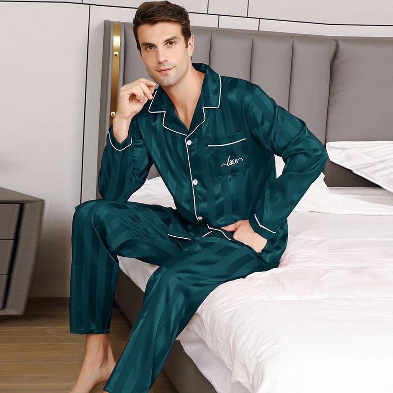 Mens Solid-Color Striped Long-Sleeve And Long-Pant Loungewear Set Green L