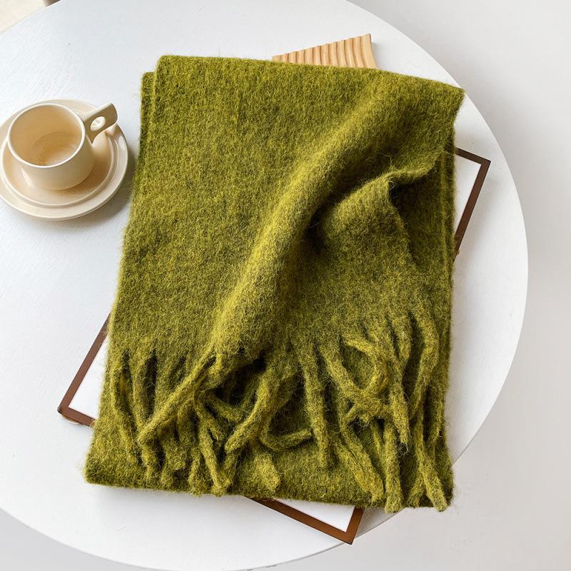 Mellard Merino Wool Korean-Style Relaxed-Feel Solid-Color Brushed Warm Scarf For Women military green 40X210cm