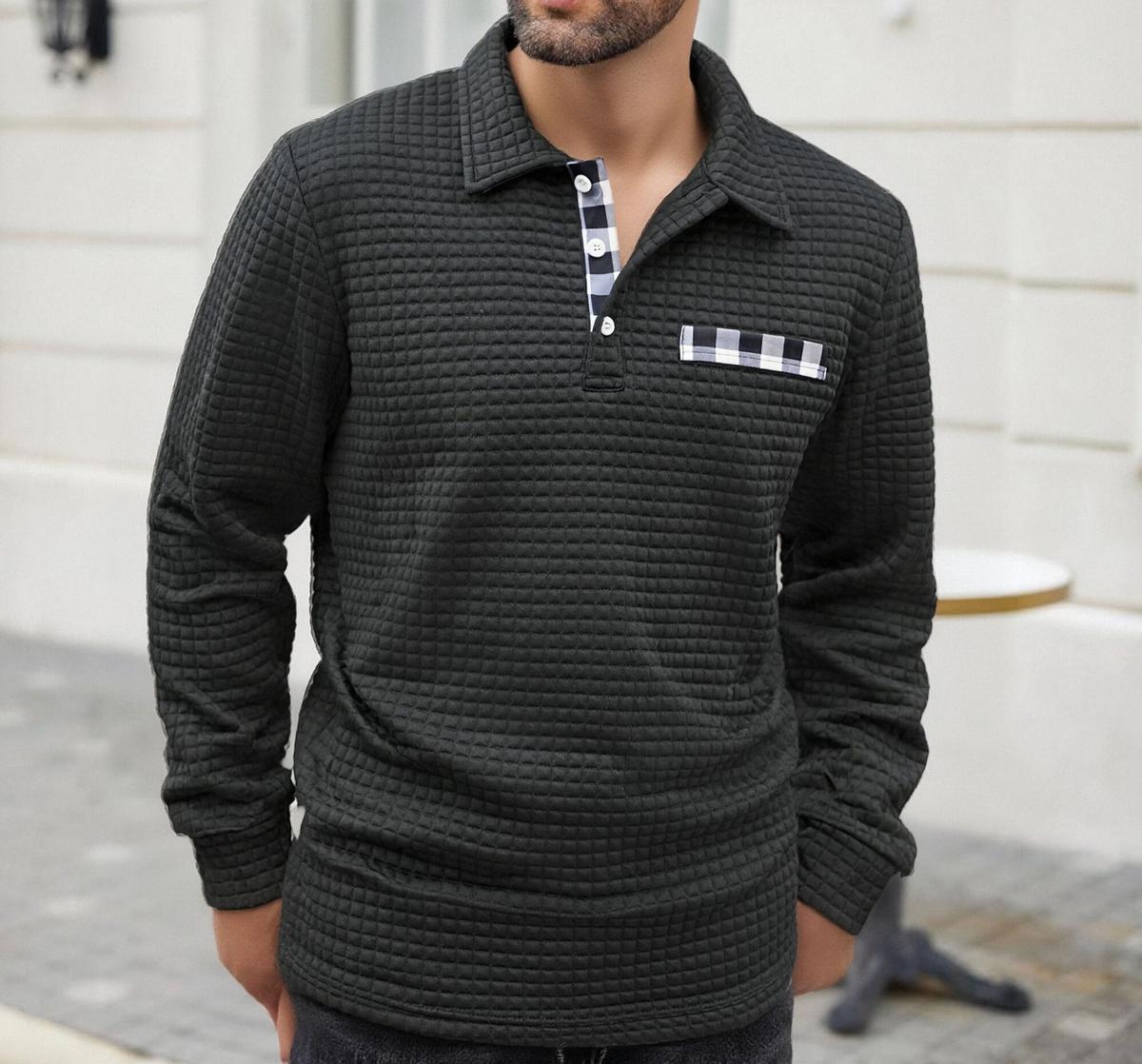 Men's Polo Long-sleeved Button-down T-shirt Black 3XL