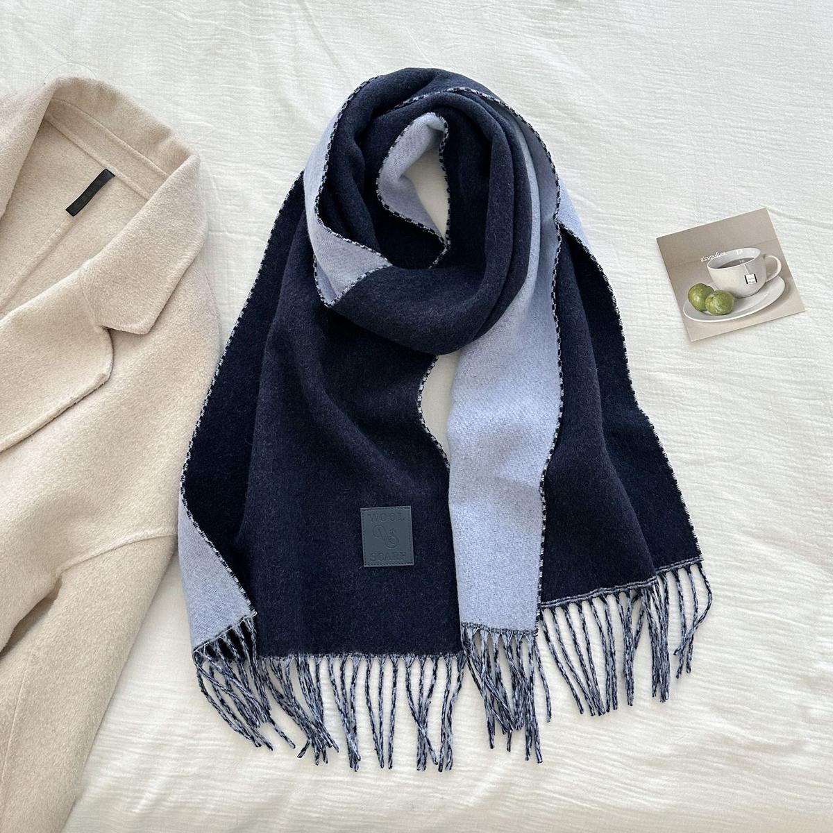 Thickened Double-sided Two-tone Wool Scarf Versatile Solid-color Tassel Shawl For Warmth And Style Dark Blue 32x175CM