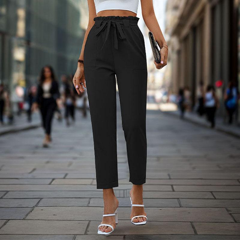 Lace-up Elastic-waist Trousers Simple And Elegant Suitable For Commuting Black L