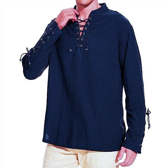 Mens Plus-Size Casual Cotton-Linen V-Neck T-Shirt Navy Blue 2XL