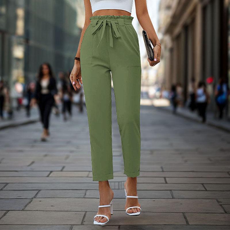 Lace-up Elastic-waist Trousers Simple And Elegant Suitable For Commuting Green L