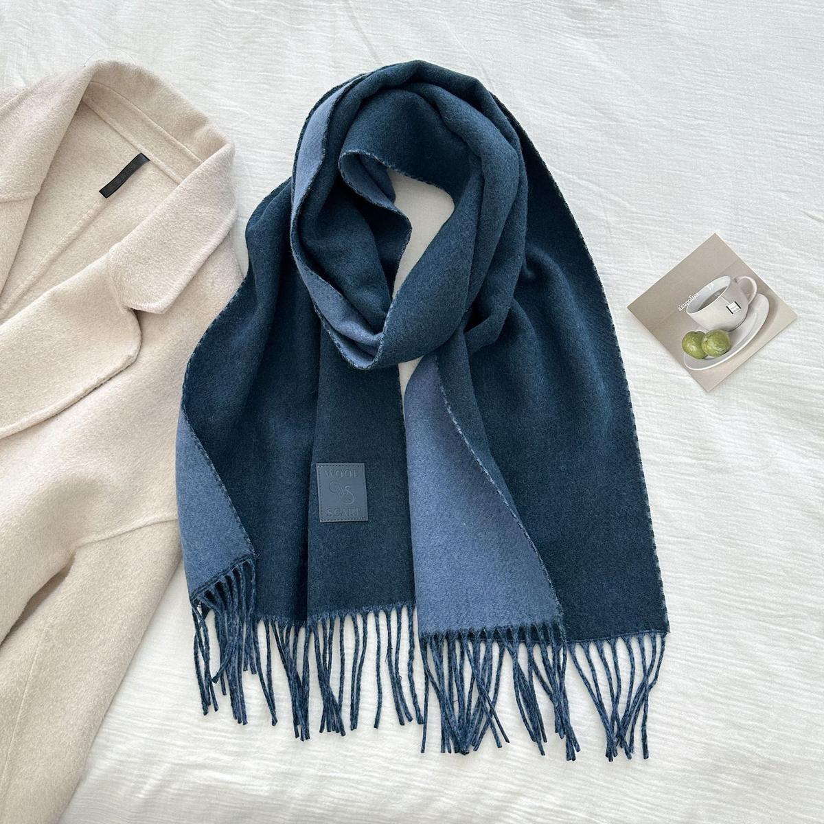 Thickened Double-sided Two-tone Wool Scarf Versatile Solid-color Tassel Shawl For Warmth And Style Navy Blue 32x175CM