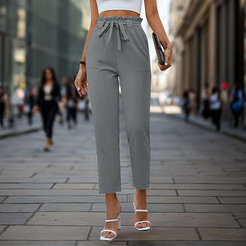 Lace-up Elastic-waist Trousers Simple And Elegant Suitable For Commuting Light Gray L