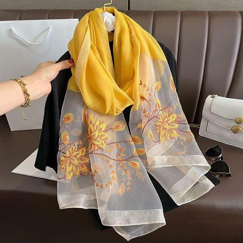 Versatile Embroidered Silk-Feel Thermal Scarf Yellow 175cm