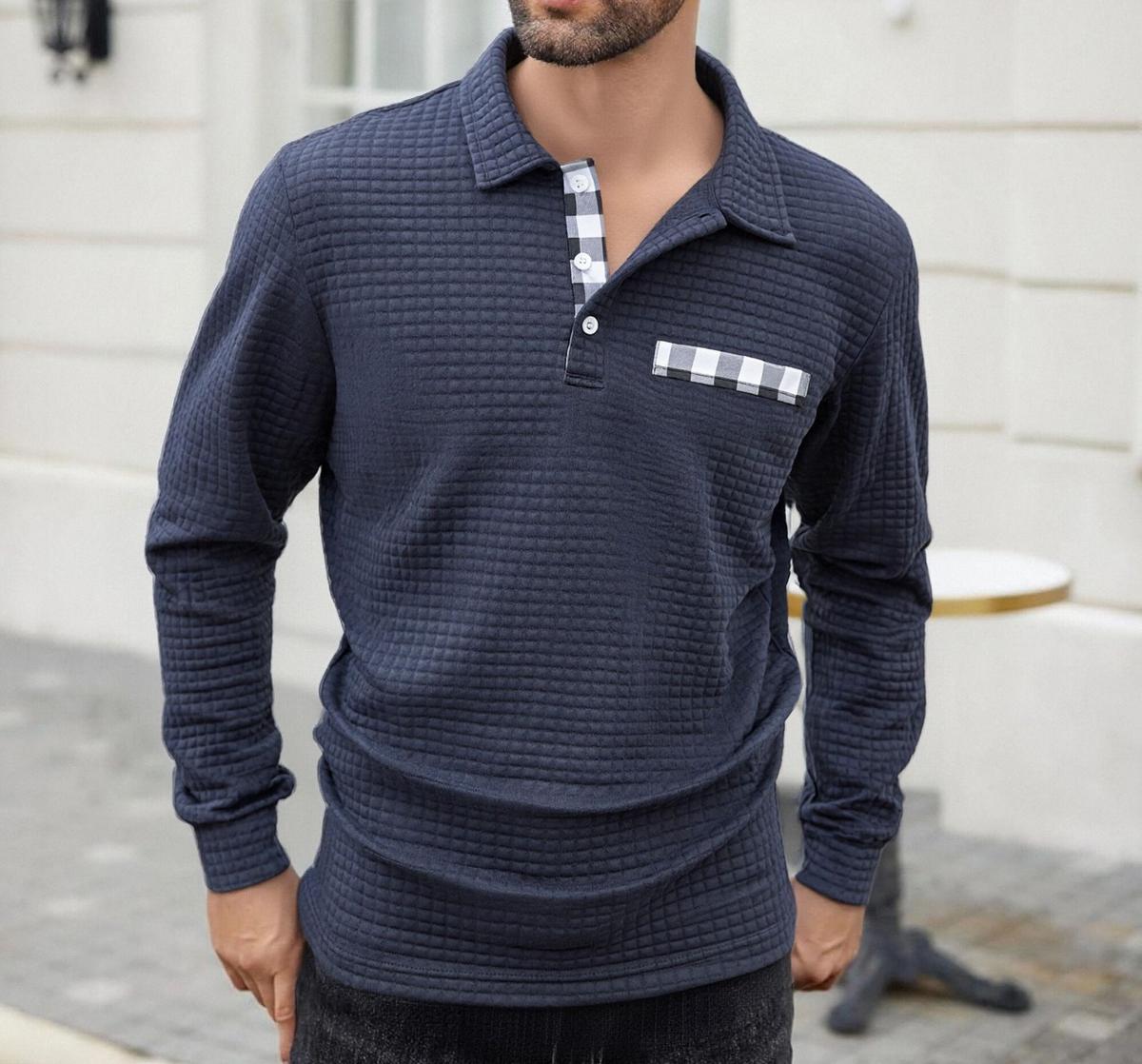 Men's Polo Long-sleeved Button-down T-shirt Navy Blue 3XL