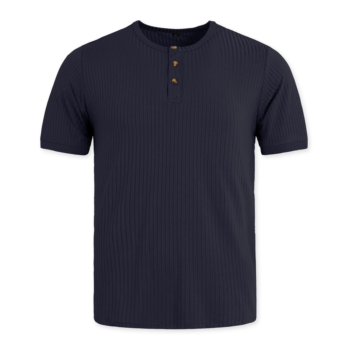 Herringbone Henry Shirt Short-sleeved Vertical-striped Button T-shirt Navy Blue 2XL