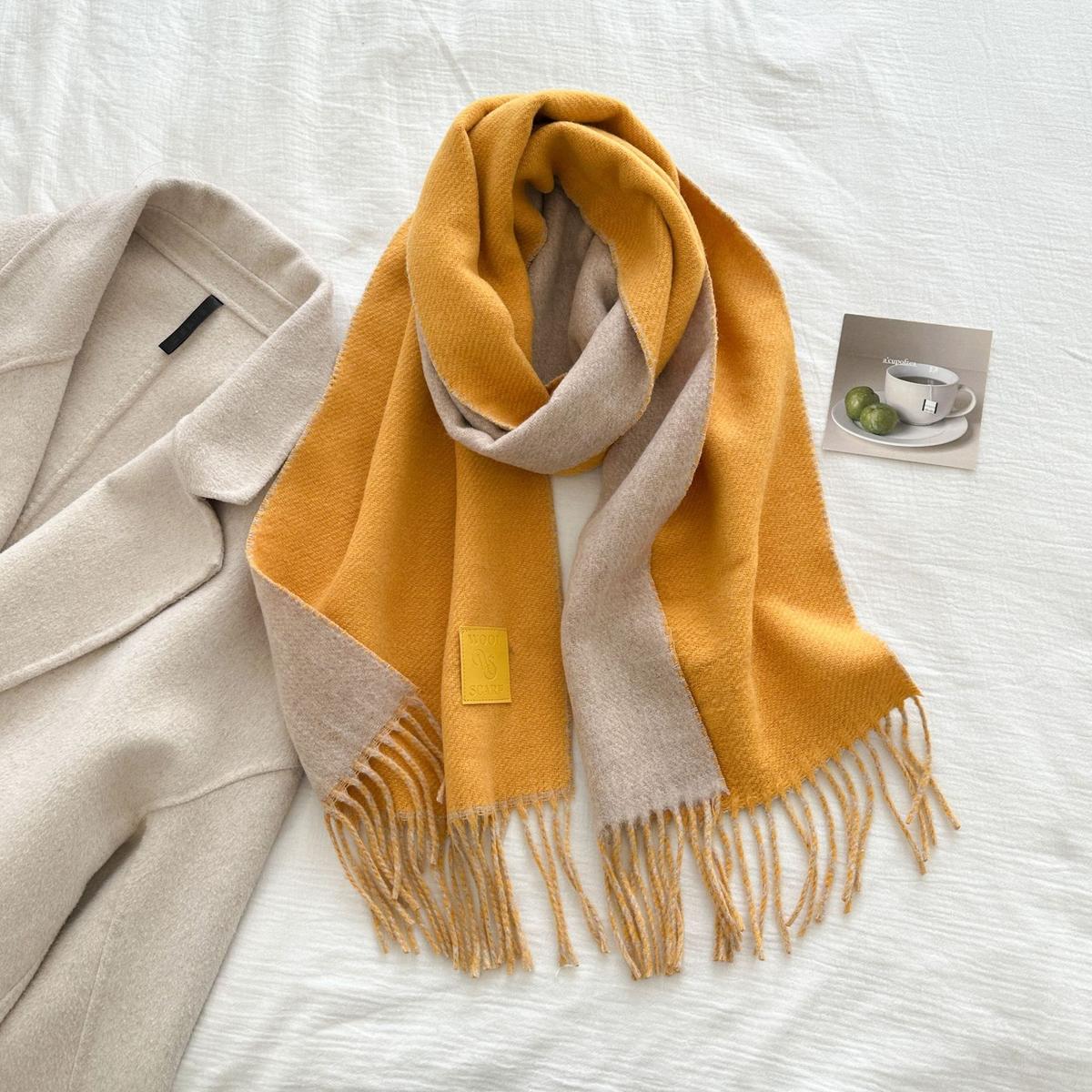 Thickened Double-sided Two-tone Wool Scarf Versatile Solid-color Tassel Shawl For Warmth And Style Orange 32x175CM