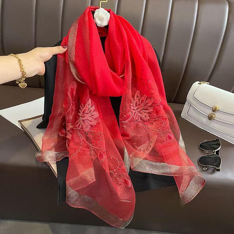 Versatile Embroidered Silk-Feel Thermal Scarf Red 175cm