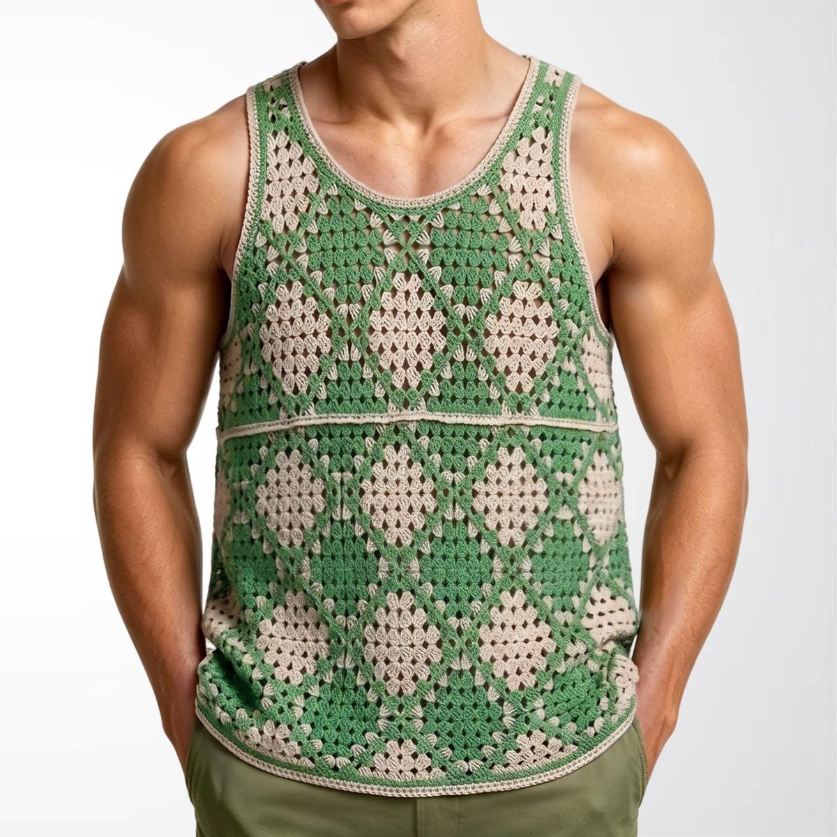 Contrast-color Diamond-pattern Hollow-out Knit Vest Green 2XL