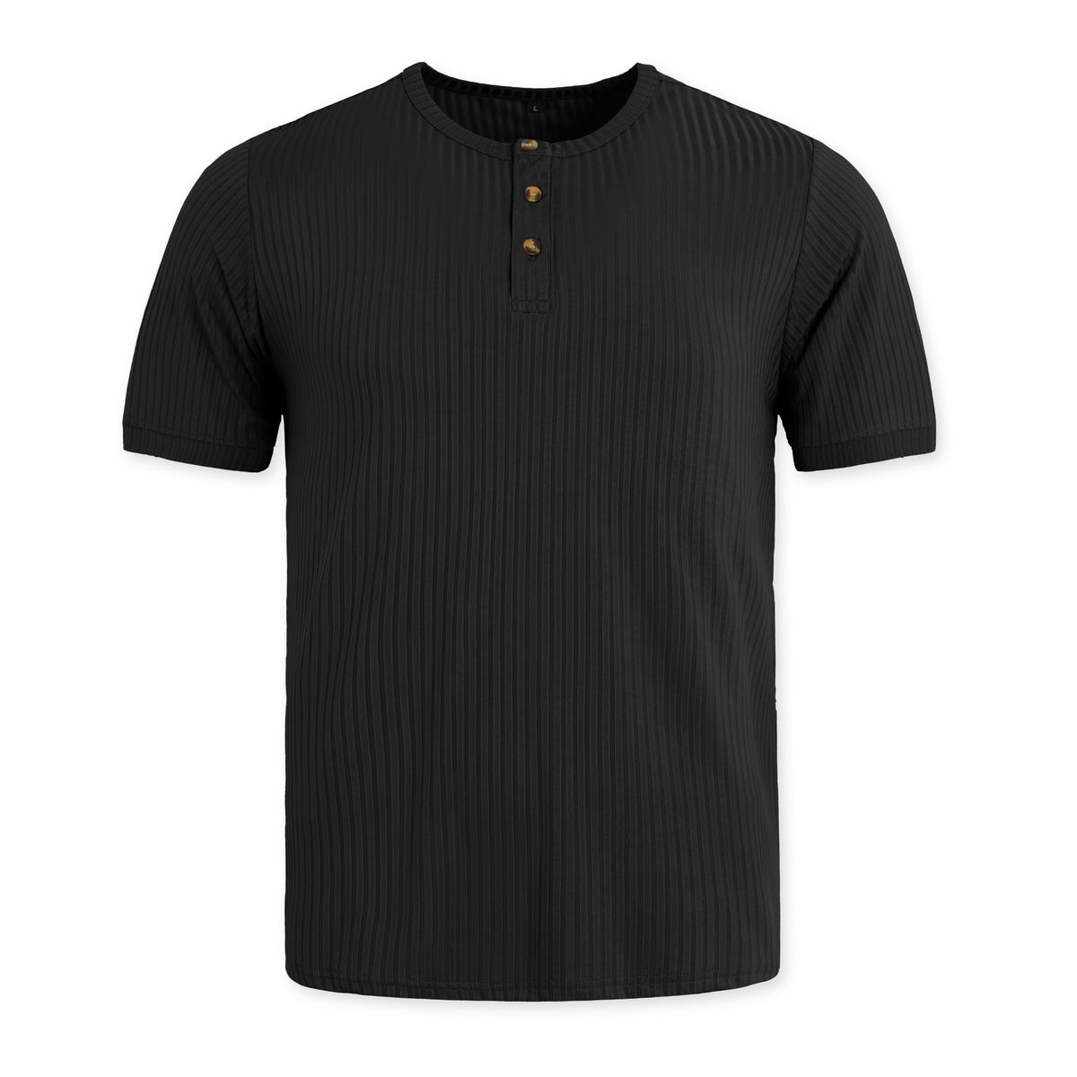 Herringbone Henry Shirt Short-sleeved Vertical-striped Button T-shirt Black 2XL