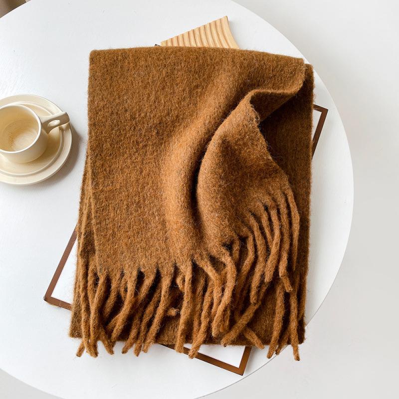 Mellard Merino Wool Korean-Style Relaxed-Feel Solid-Color Brushed Warm Scarf For Women coffee 40X210cm