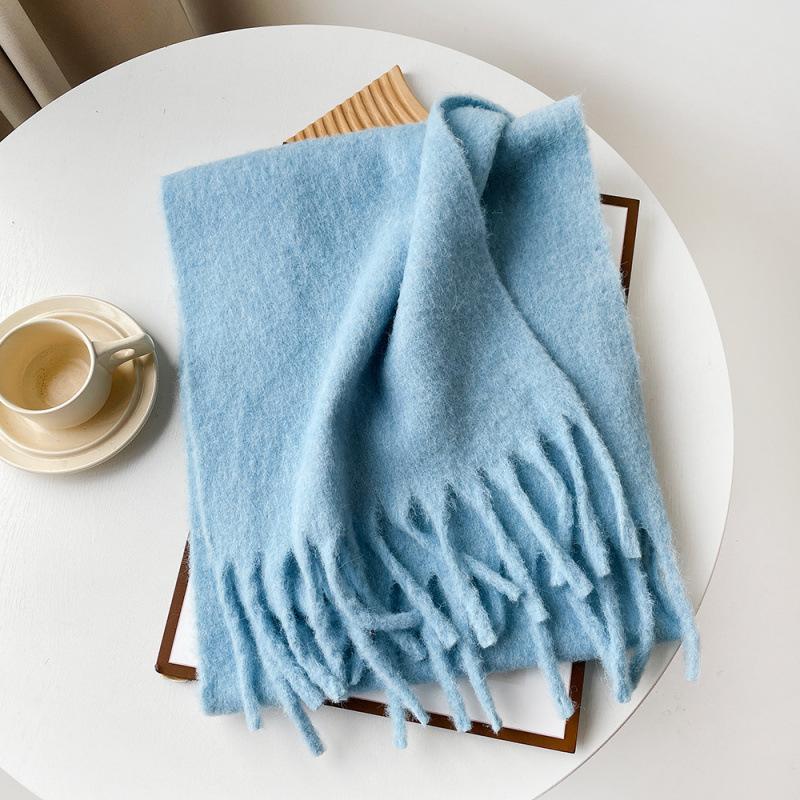 Mellard Merino Wool Korean-Style Relaxed-Feel Solid-Color Brushed Warm Scarf For Women sky blue 40X210cm