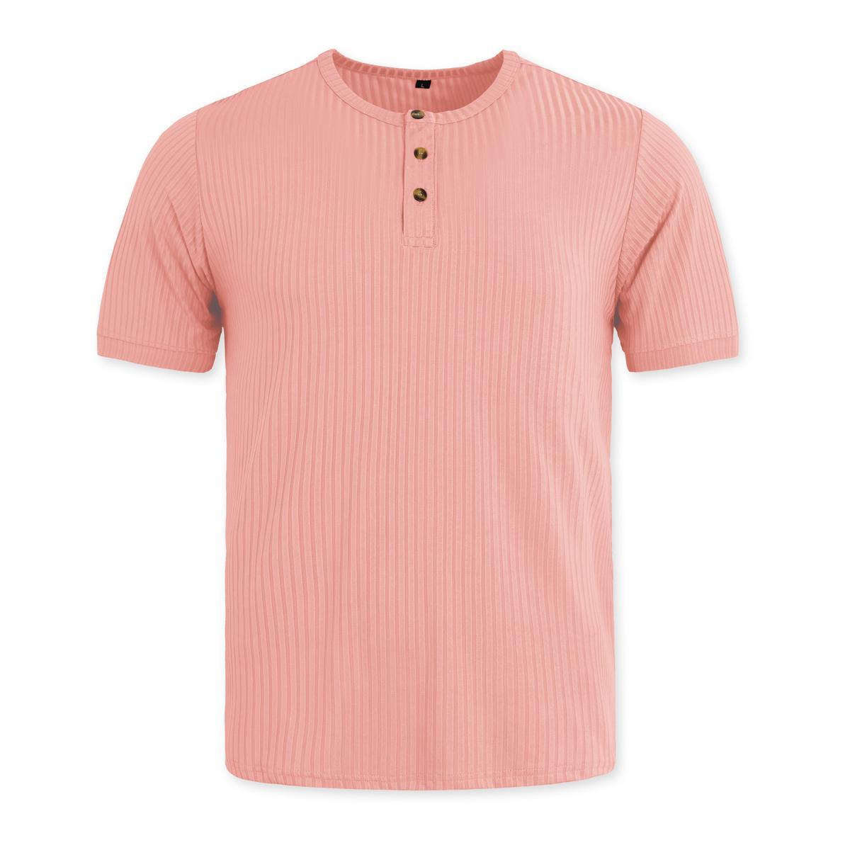 Herringbone Henry Shirt Short-sleeved Vertical-striped Button T-shirt Pink 2XL