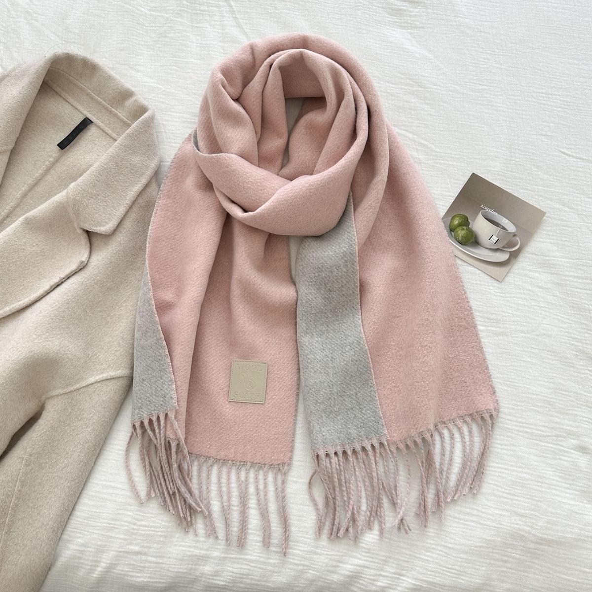 Thickened Double-sided Two-tone Wool Scarf Versatile Solid-color Tassel Shawl For Warmth And Style Pink 32x175CM
