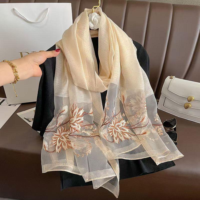Versatile Embroidered Silk-Feel Thermal Scarf Beige 175cm