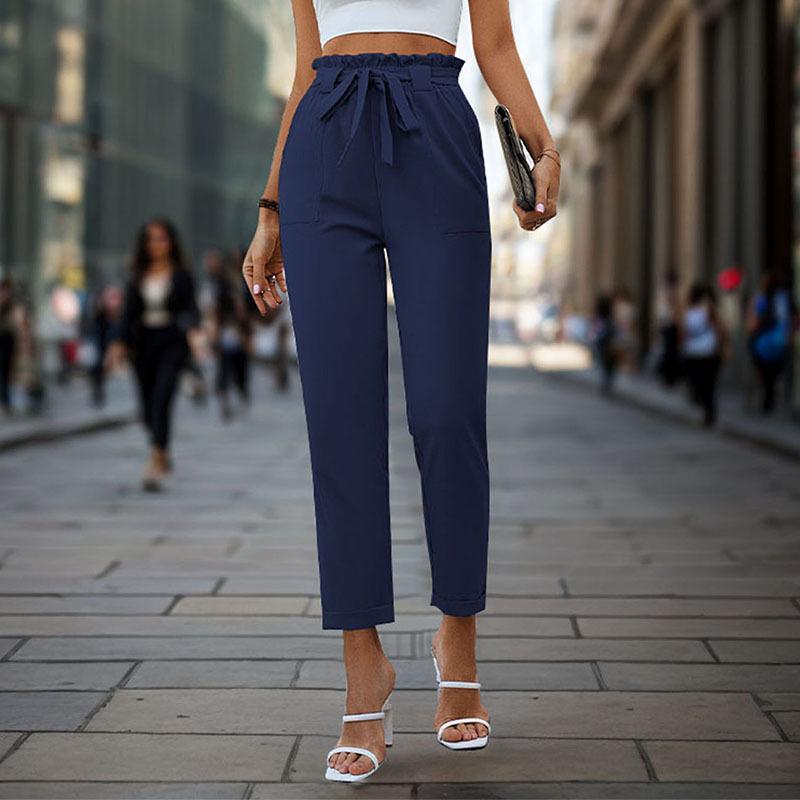 Lace-up Elastic-waist Trousers Simple And Elegant Suitable For Commuting Dark Blue L