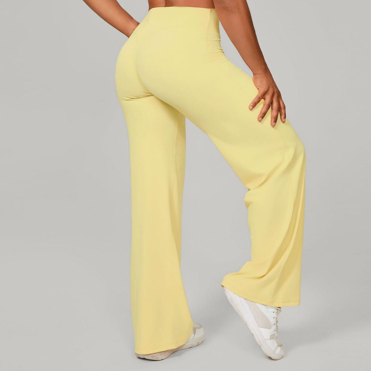 Pilates Straight Yoga Pants Versatile Loose Wide Leg Pants Running Sports Fitness Hip Show Pants Durian Yellow L