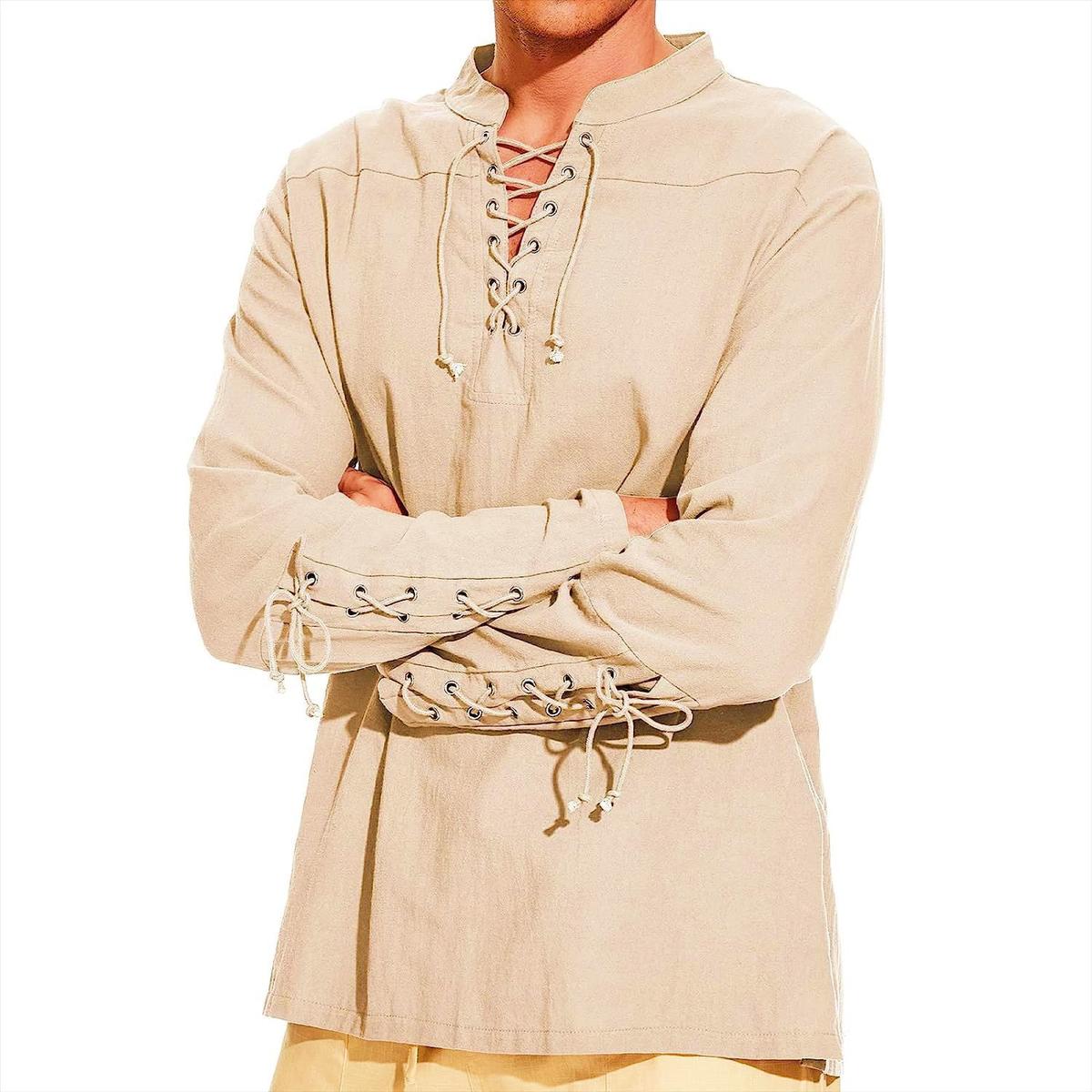 Mens Plus-Size Casual Cotton-Linen V-Neck T-Shirt Khaki 2XL