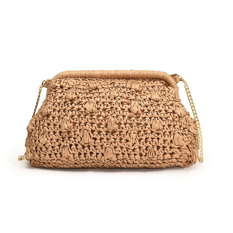 Fashion Woven Bag One Shoulder Hollow Out Beach Bag Khaki