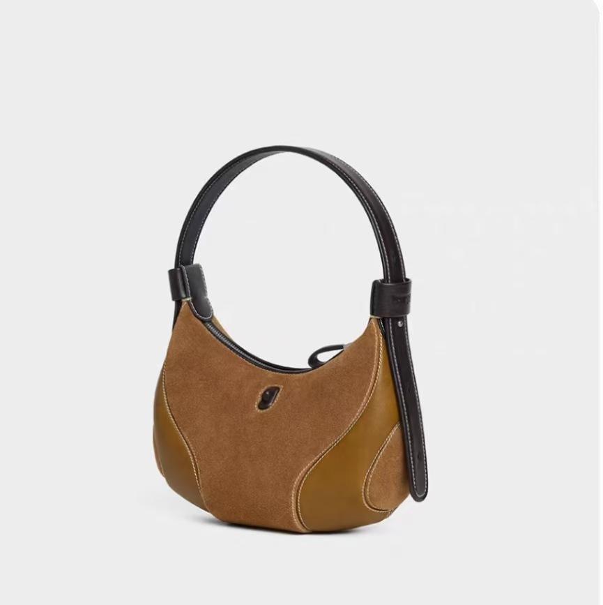 Womens Baseball Underarm Bag Crescent-Shaped Crossbody Bag Suede Chestnut Brown