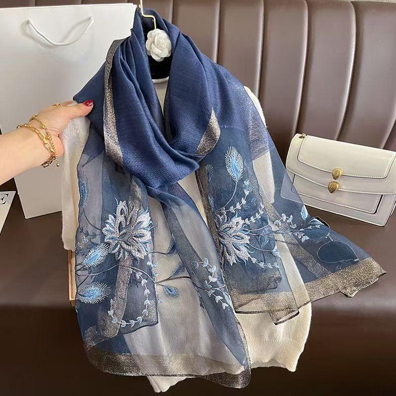 Versatile Embroidered Silk-Feel Thermal Scarf Navy Blue 175cm
