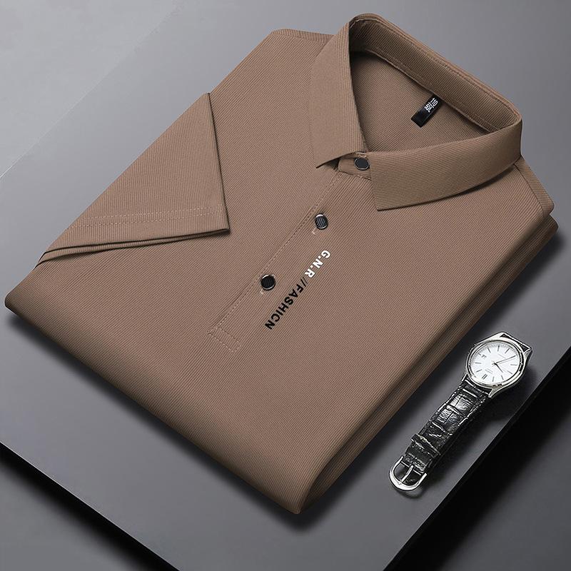 Mens Casual Versatile Lapel Short-sleeve Shirt Khaki 2XL