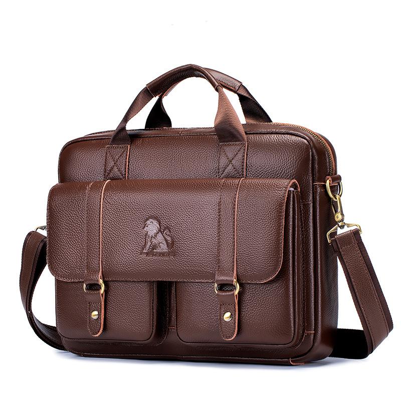 Cowhide Men's Briefcase Business Large Capacity Handbag Dark Brown