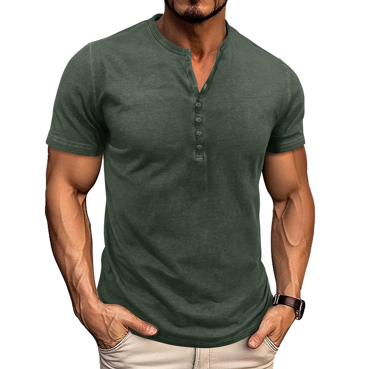 Mens Round-Neck Short-Sleeve Retro Henry T-Shirt Green 2XL